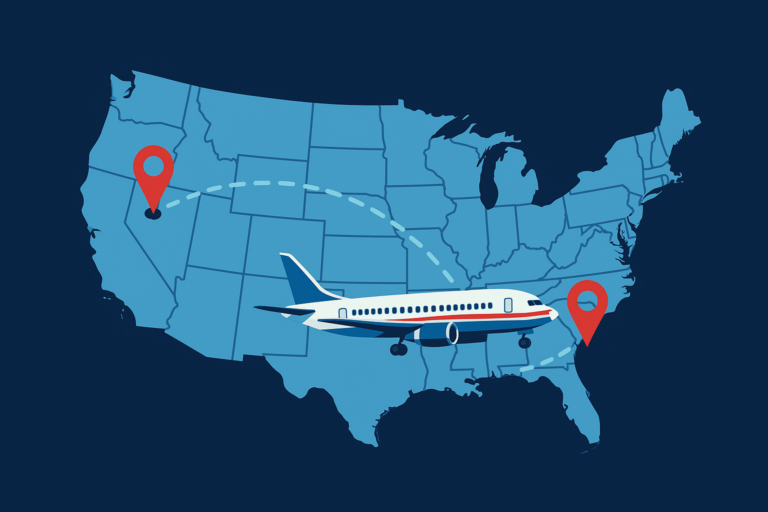 Fly USA Cheap graphic of a plane traveling across the United States map, highlighting cheap flights between major U.S. destinations