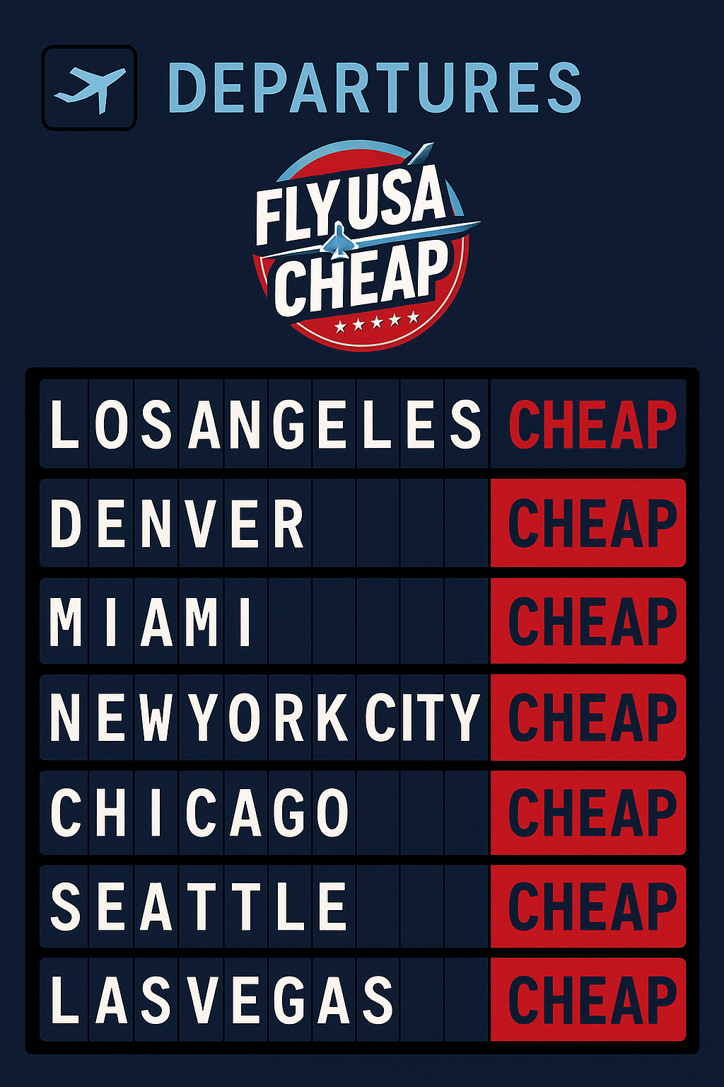 Airport-style departures board showing U.S. destinations like Los Angeles, Denver, Miami, New York City, Chicago, Seattle, and Las Vegas, each labeled with the word 'Cheap' in red, alongside the Fly USA Cheap logo.
