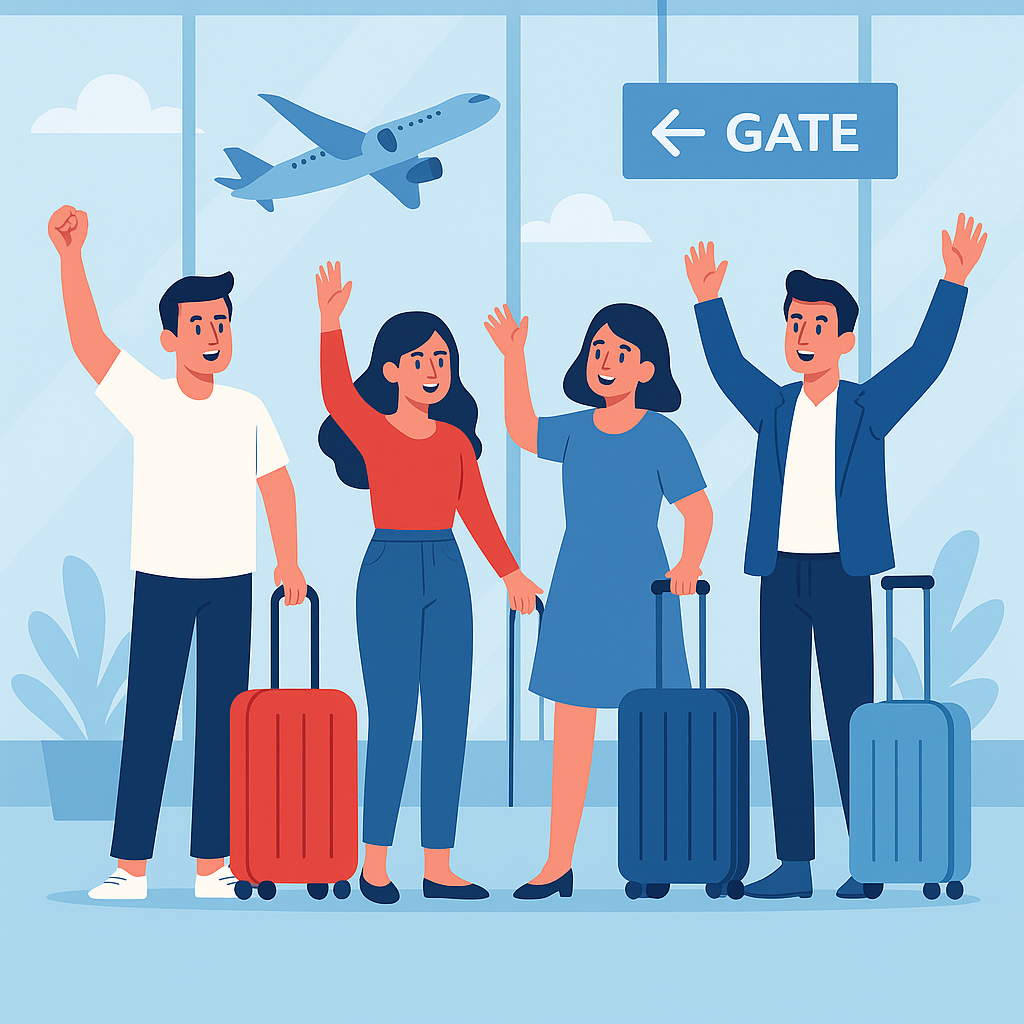 Illustrated group of travelers at airport gate with luggage, smiling as they prepare for affordable U.S. flights.